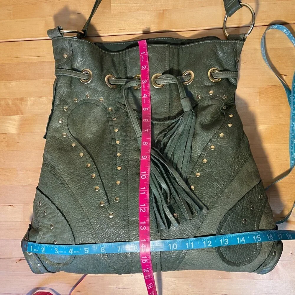 Vintage Y2K Bulga Green Leather Studded Hobo Bag Drawstring Tassel Purse